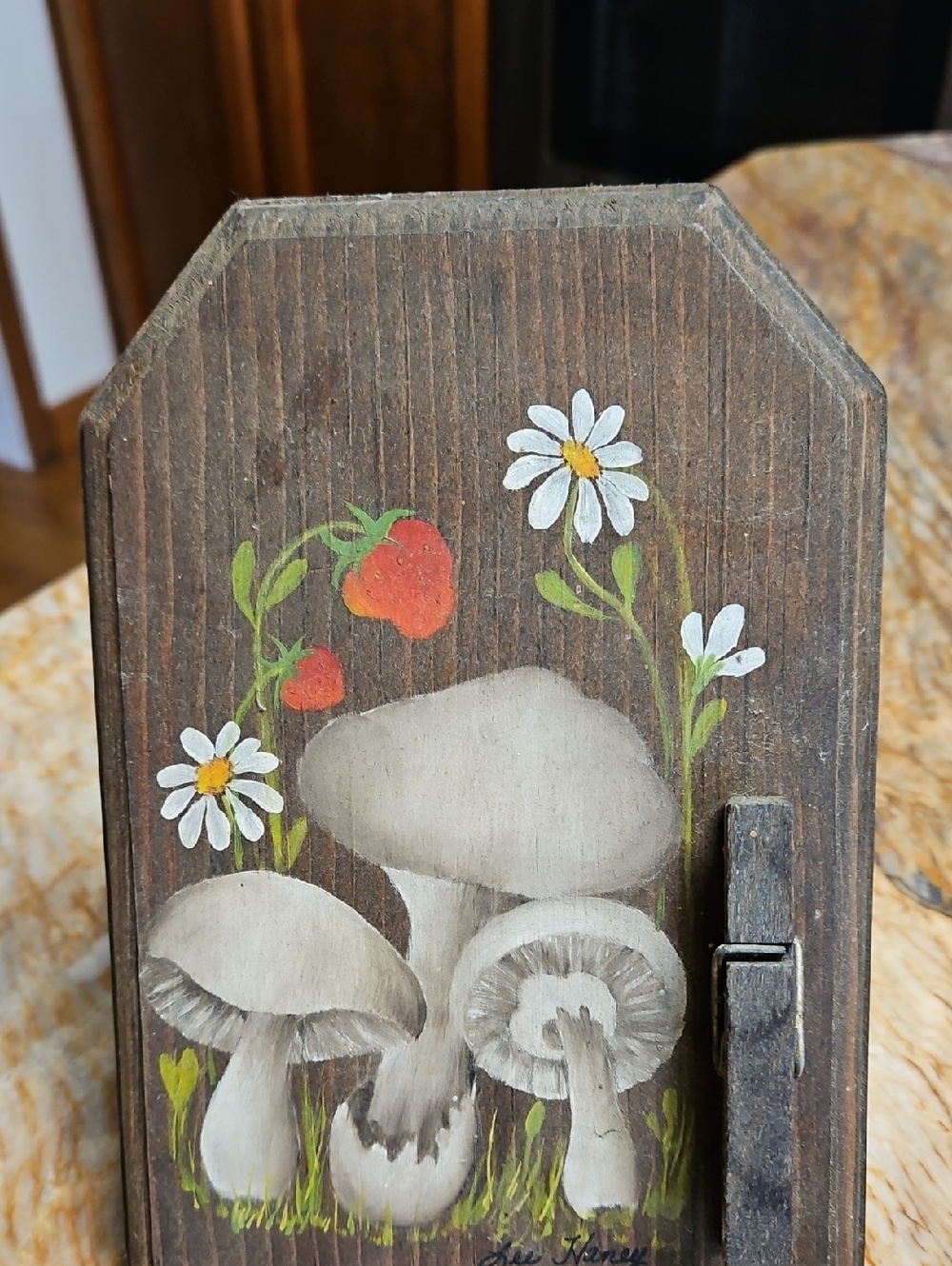 Vintage Hand-Painted Wood Panel with Mushrooms, Daisies & Strawberries